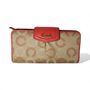 NWOT Vintage Coach Ashley Dotted OP Art Sateen Salmon C's/Leather Trim Wallet